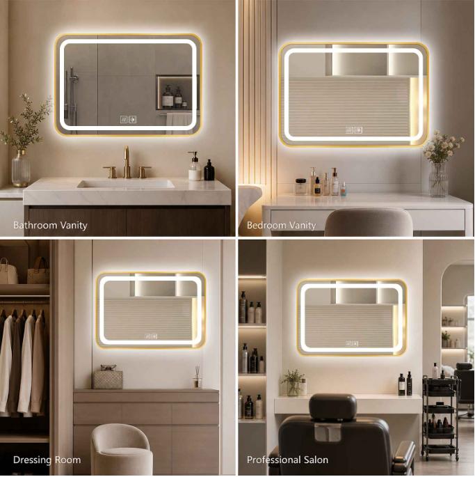 40x60cm Gold Rectangular LED Bathroom Mirror with Anti-Fog, Dimmable 3 Colors and Dual Touch Control