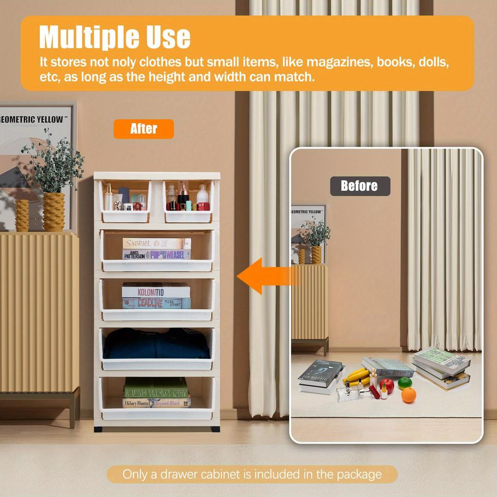 6-Drawer Modular Storage Cabinet – PP Plastic Dresser with Wheels & Locks – White/Blue – 50 x 35 x 102 cm