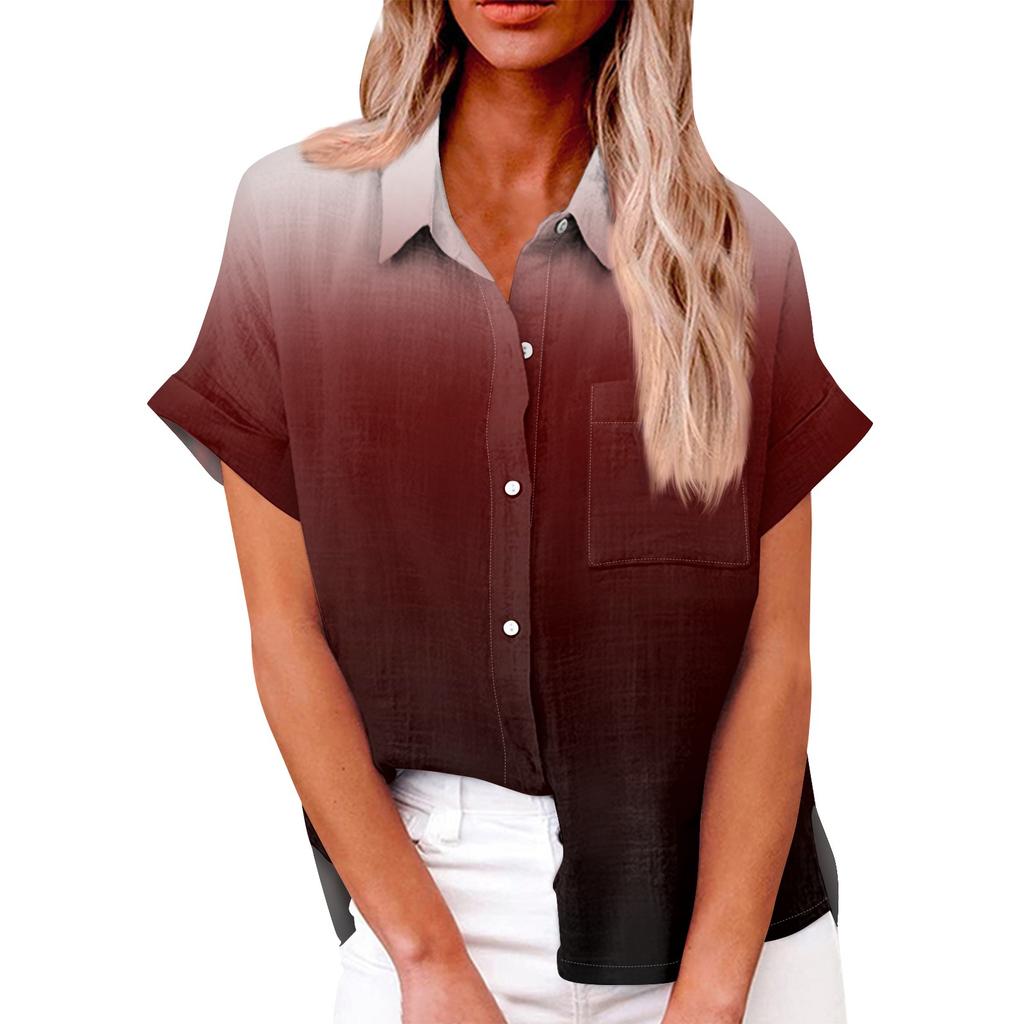 Женская свободная повседневная рубашка с короткими рукавами и пуговицами с градиентным принтом и карманами