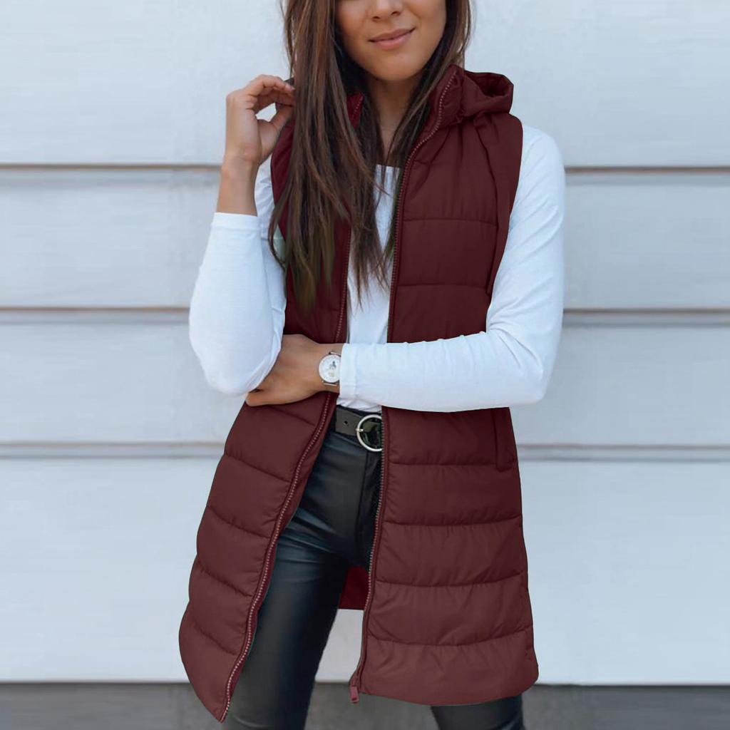 Women's Long Vest Plain Sleeveless Hood Winter Vest Outwear Jacket Lightweight Warm Coat Outerwear