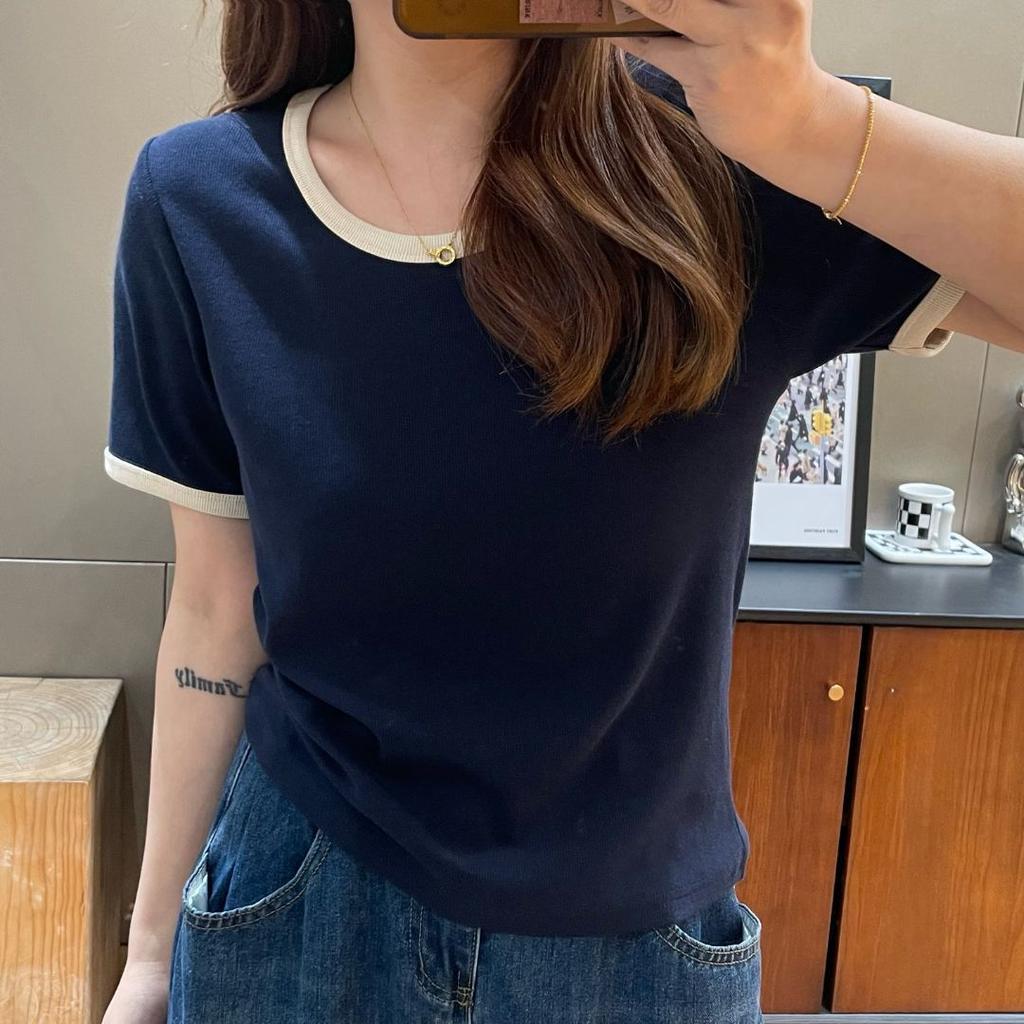 Новая футболка с коротким рукавом и U-образным вырезом, с контрастным цветом на переднем плече, женская модная, универсальная и тонкая, летний топ