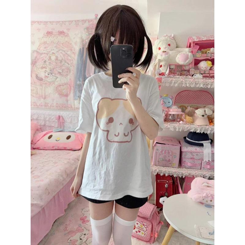 Милые футболки в стиле Харадзюку для женщин в японском стиле Y2k в стиле преппи с милым мультяшным принтом, свободные футболки, топы, мягкие, для девочек