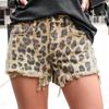 European Summer Retro Leopard Print Ripped Raw Edge High Waist Denim Shorts Women