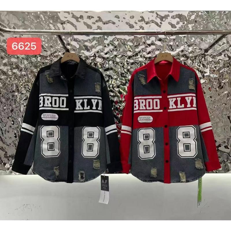 Womens Denim Shirt 2026 Streetwear Color Block Letter Print Loose Distressed Button Up Top