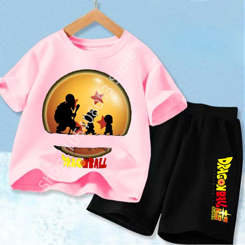 2026 Anime Cool Goku Dragon Ball Z Boys CosPlay Short Sleeve Shorts with Pocket Beach Pants Breathable Polyester T-shirt Kids Suit