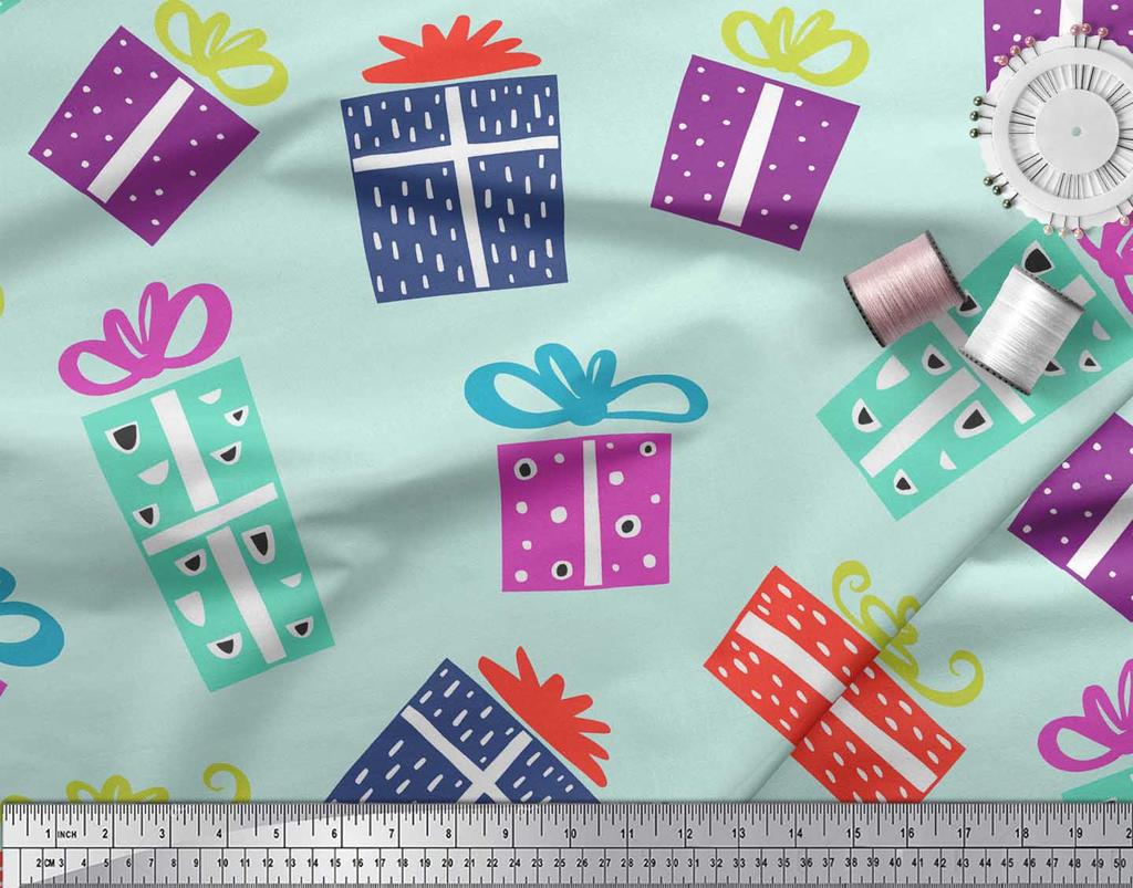 Soimoi Green Cotton Voile Fabric Gift Box Party Print Fabric by the metre 56 Inch