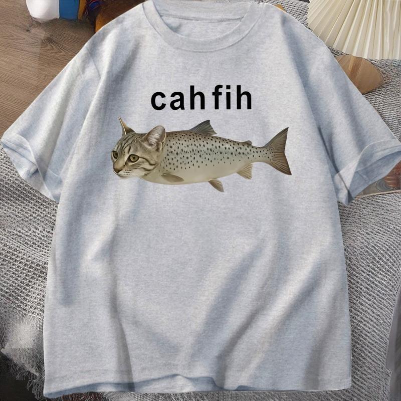 Cah Fih TShirt Fih Funny Mispelled Fish Meme T Shirt Cat and Fish Graphic Humor Tshirt Casual Cotton Short Sleeve Clothes Tops