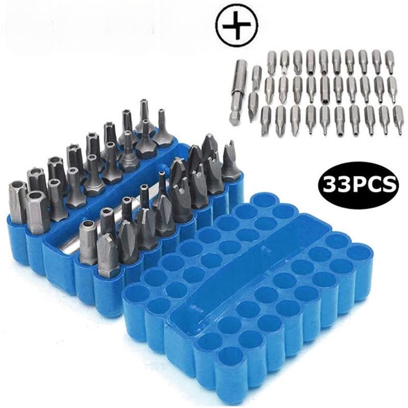 Набор принадлежностей для электродрели из 33 предметов: Шестигранные, сливовые, трех- и четырехзубые, шлицевые и открытые отвертки