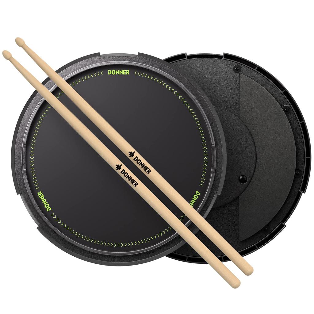 Donner 12-inch Black Drum Pad, Quiet Practice Drum with Removable Ball Box, Sheet Music, and Drumsticks, for Beginners, Students, and Adults
