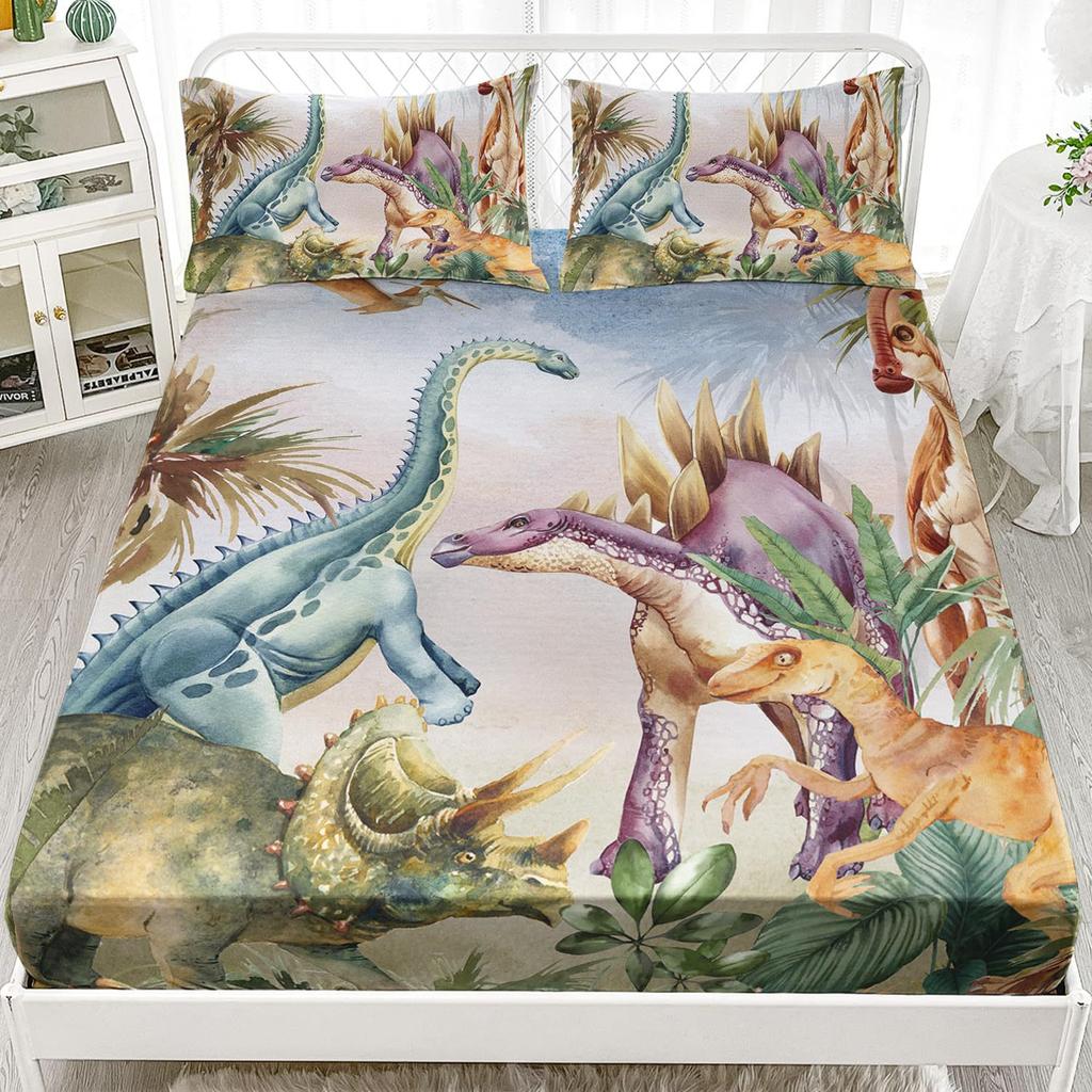 Многоцветный мультяшный узор с динозаврами, шапка на кровать из трех частей, цифровая печать, милый узор, постельный комплект