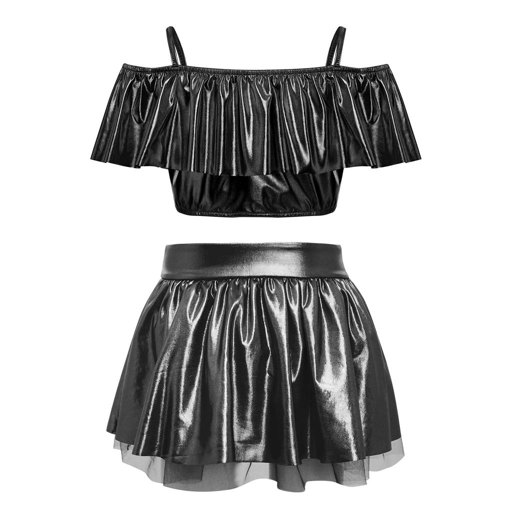 Girls Dancewear Off Shoulder Sleeveless Metallic Ruffle Crop Top and Shiny Tutu Skirt for Stage Competition Party Wear