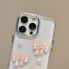 Korean Cute 3D Pink Bowknot Pearl Clear Phone Case For 16 15 14 13 12 11 Pro Max 16 Plus Shockproof Transparent Cover