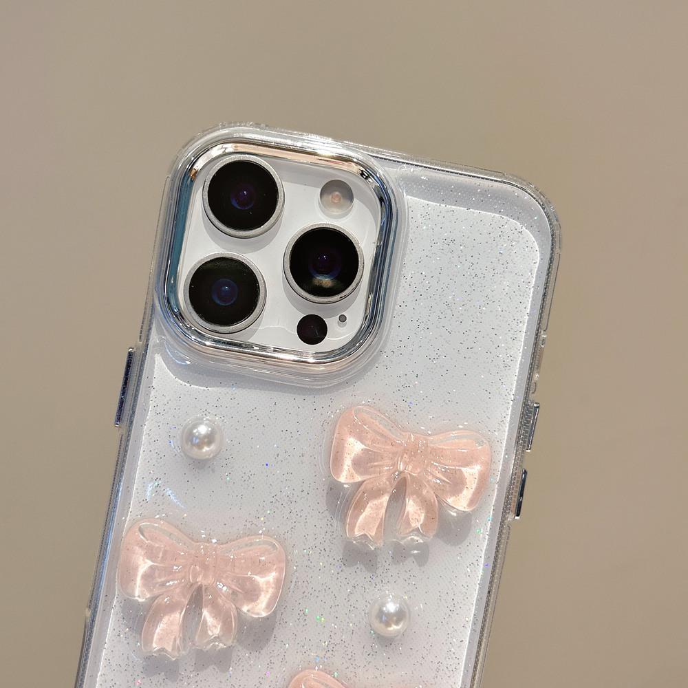 Korean Cute 3D Pink Bowknot Pearl Clear Phone Case For 16 15 14 13 12 11 Pro Max 16 Plus Shockproof Transparent Cover