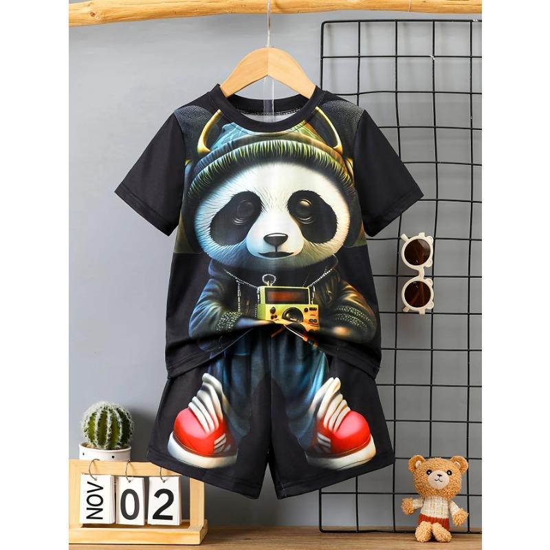 Little Boy Casual Simple Cartoon Fashion Handsome Cool Boy Pattern Short Sleeve Round Neck 2-piece Suit Suitable for Summer
