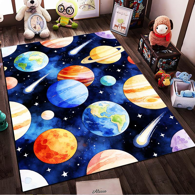 Colorful Space-Themed Carpet with Planets, Stars, and Comets Design Suitable for use as an anti-slip for living room bedroom sofas
