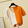 DX-v Neck Ice Silk T-shirt Short-sleeved Women's Summer New Color-blocking Short Knitted Top Small Shirt