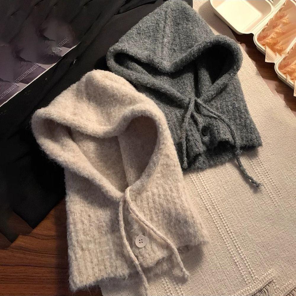 Solid Color Knitted Pullover Hat Plush Windproof Cap Korean Women Winter Balaclava  Outdoor