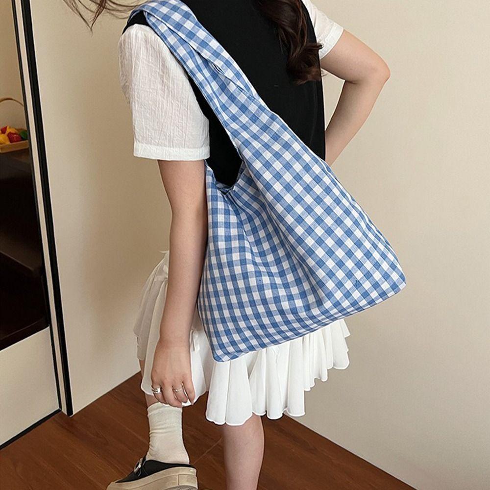 Large Capacity Single Shoulder Bag Lightweight Women's Handbag Plaid Underarm Bags  Spring Summer