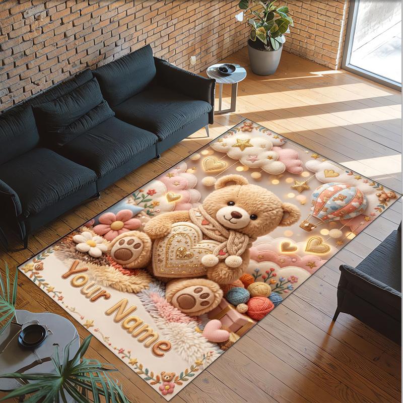 Teddy Bear Theme Crystal Velvet Rug Personalized Custom Name Text Soft Floor Mat Home Decor
