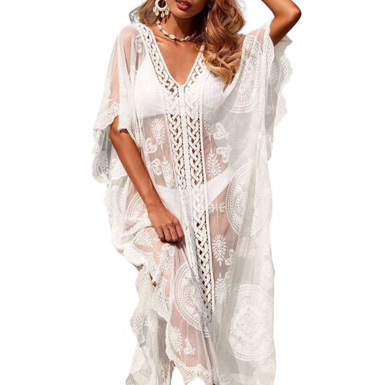 Тонкое солнцезащитное платье с v-образным вырезом и половиной рукавом, прозрачное кружевное бикини с вышивкой, пляжная одежда