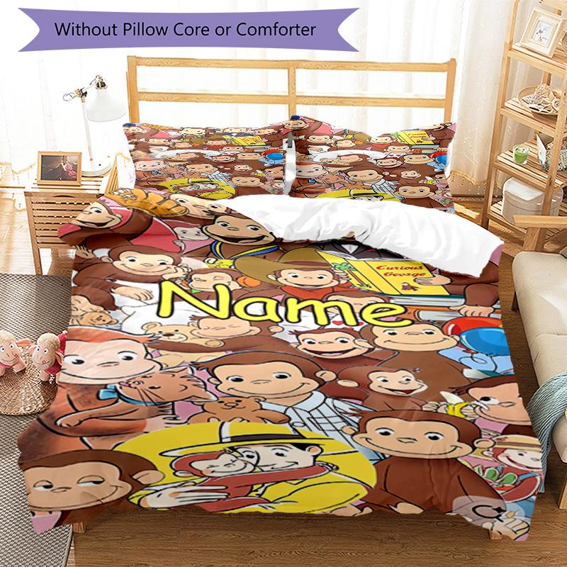 3pcs Custom Name Curious George Bedding Set Duvet Cover Closure Includes 1 Duvet Cover & 2 Pillowcases, Soft and Comfortable for All Seasons.