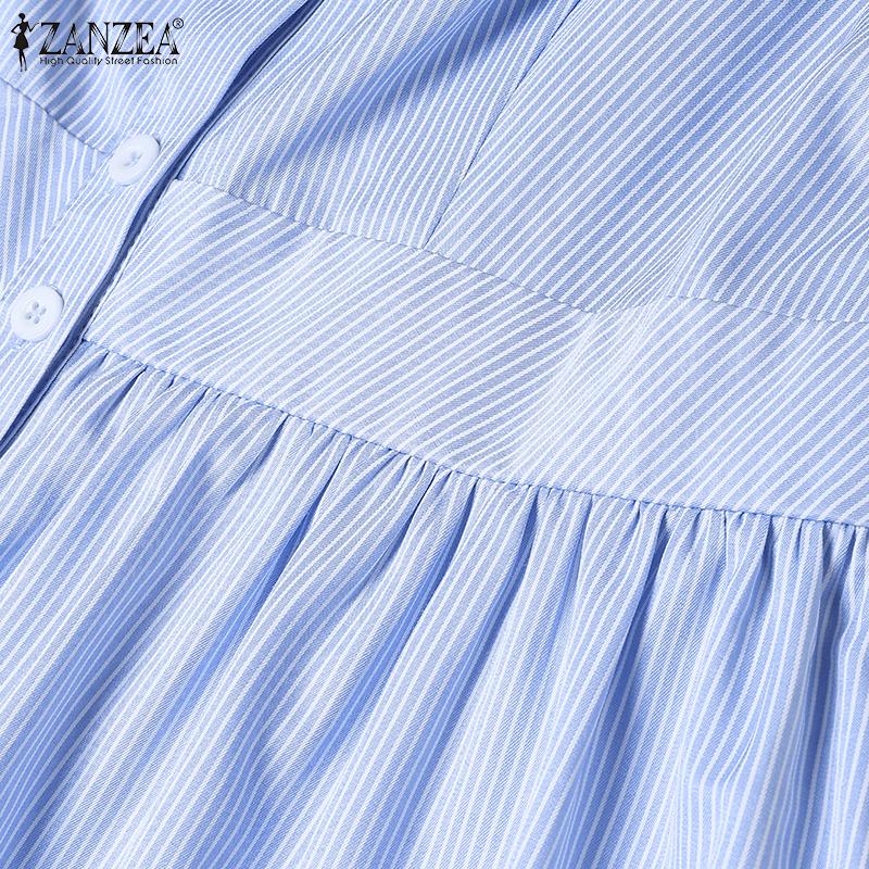 ZANZEA Summer Women Flare Sleeve Buttons Striped Casual Holiday Pleated Dress