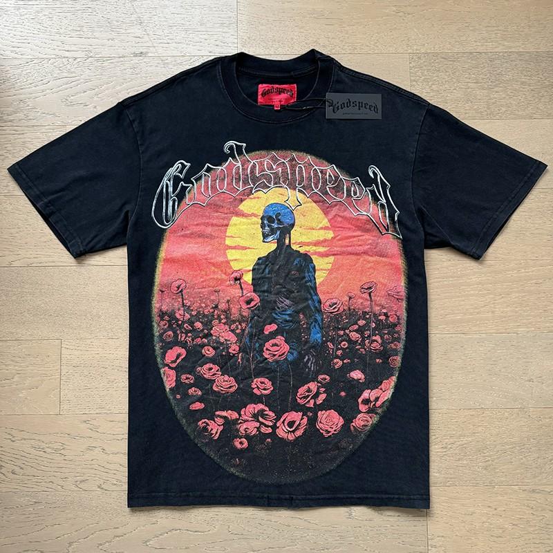 New Godspeed Skeleton Sunset Rose Flower Sea Print T-Shirt Men Short Sleeve T-Shirt