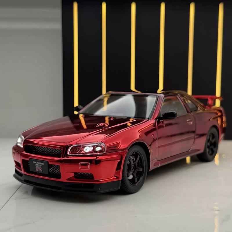 1/24 Nissan Skyline GT-R GTR R34 Сплав Гальванизированная Модель Спортивного Автомобиля Литье под Давлением Металл Гоночный Автомобиль Модели Транспортных Средств Звук Свет Детская Игрушка Подарок