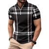 Men Summer Shirt Lapel Zipper Color Matching Plaid Striped Print Slim Fit Short Sleeve Pullover Mid Length Soft Breathable Men Business Top