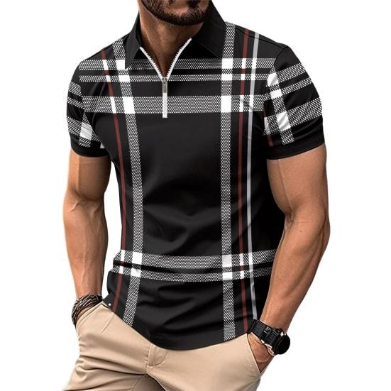 Men Shirt Lapel Zipper Color Matching Plaid Striped Print Slim Fit Short Sleeve Pullover