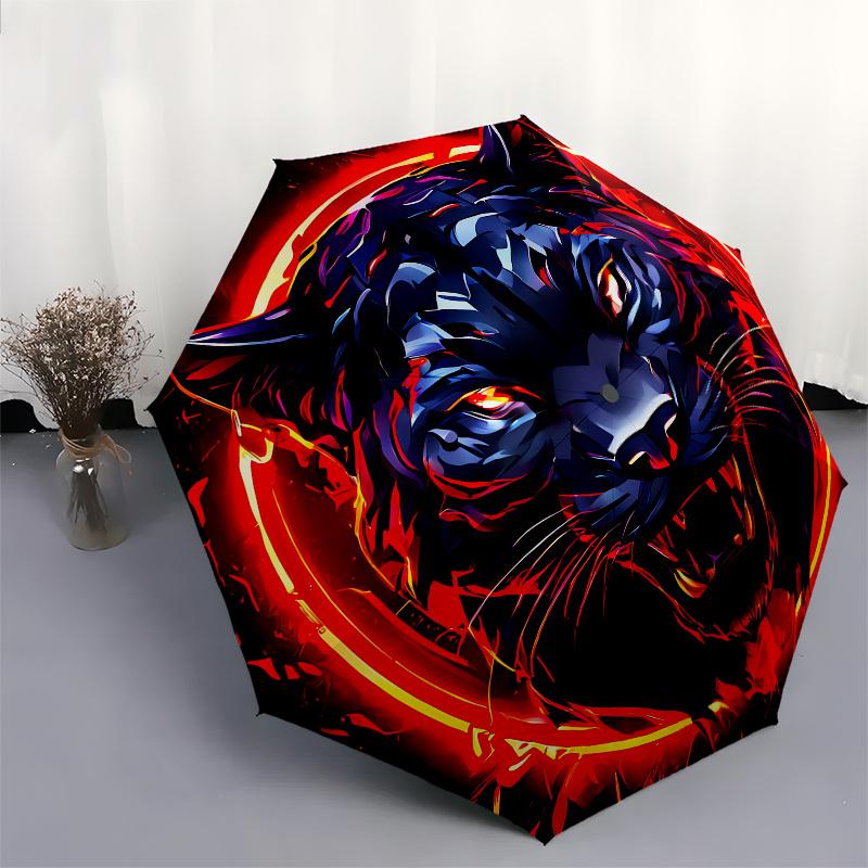 Tiger, Fire Automatic Folding Umbrella 8 Ribs, Durable Iron Frame, Bright Color Pattern Compact Travel Umbrella, Suitable for Outdoor, Beac