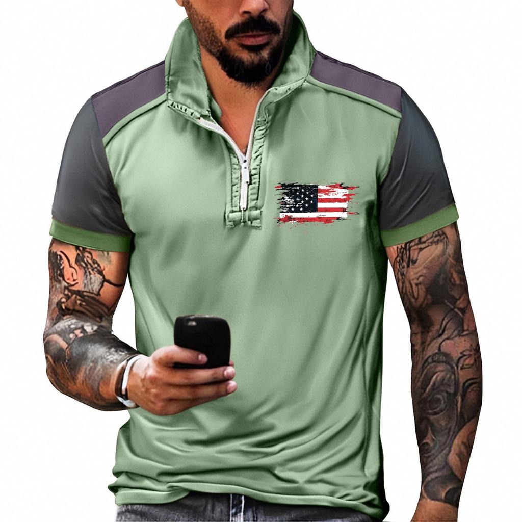 Летняя новинка для мужчин, повседневная рубашка с воротником-стойкой и короткими рукавами, подходящая по цвету, с полумолнией