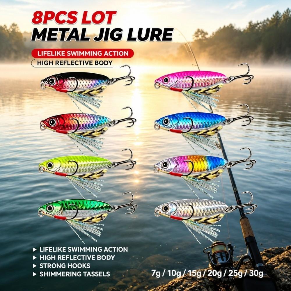 8Pcs Set 3D Eyes Design Metal Fishing Lure 7g/10g/15g/20g/25g/30g Fishing Bait Lure Seabass Fishing