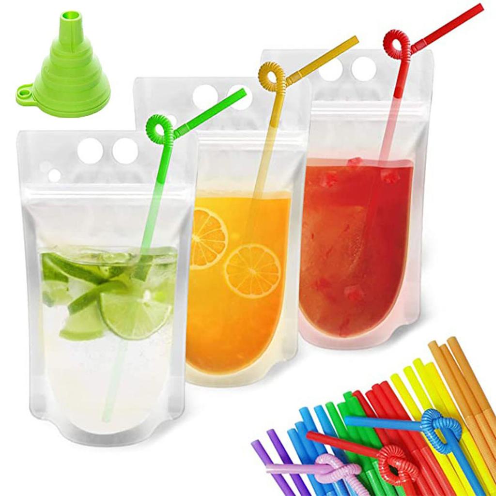 Transparent 16oz Self-Sealing Beverage Storage Bags - Leakproof for Cold/Hot Drinks, Smoothies, Milkshakes, Juice - Disposable Plastic Drink Pouche