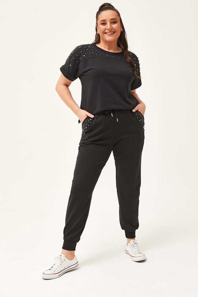 Женский модный спортивный костюм большого размера, летний зеленый спортивный костюм большого размера с камнями и бисером, с короткими рукавами