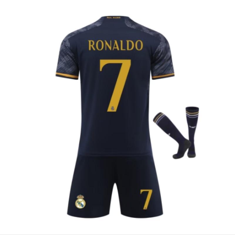 Real Madrid Ronaldo Kids Soccer Jersey Set, Black, Polyester Football Kit for Youth Training and Match
