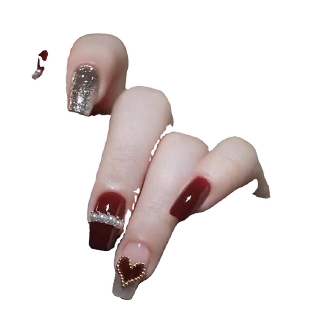 Чисто ручная работа Фототерапия Носимые Накладные Ногти Бургундский Любовь Носимые Ногти Готовый продукт Многоразовые Накладные Пластины