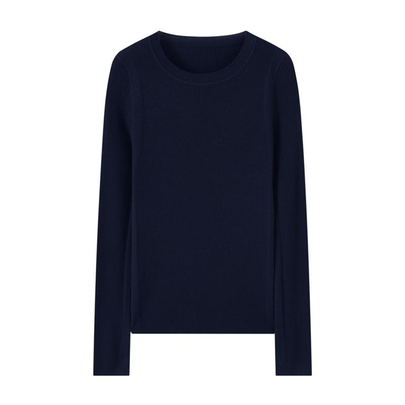 Women's Slim Fit Ribbed Wool Sweater - Round Neck, Thin and Soft Base Layer, Versatile and Close-Fitting Plush Top