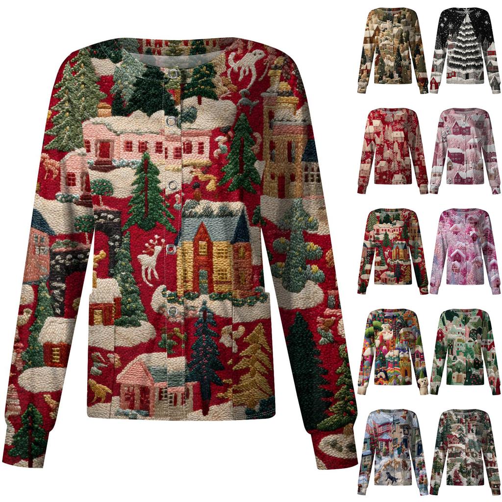 Женский повседневный кардиган на одной пуговице с длинным рукавом и принтом на рождественскую тематику