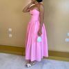 New women's clothing summer European and American, sexy solid color suspender waist pleated hollow low-cut dress