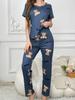 Plus Size Women's Pajama Set: Round Neck Short Sleeve Top and Long Pants - All-Season European American Style
