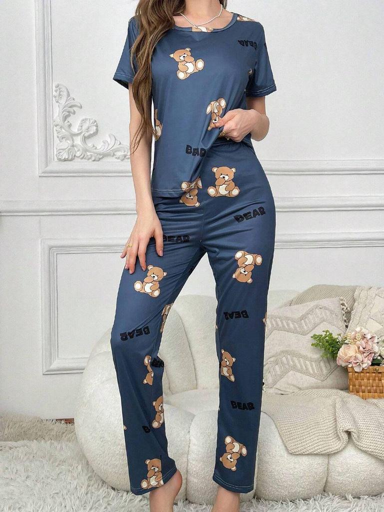 Plus Size Women's Pajama Set: Round Neck Short Sleeve Top and Long Pants - All-Season European American Style