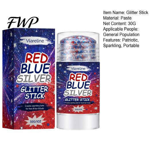 Party Glitter Stick 30G Independence Day Body Stick, Patriotic American Flag Face Hair Glitter, Red Blue Silver-color Makeup 4th of July Accessories
