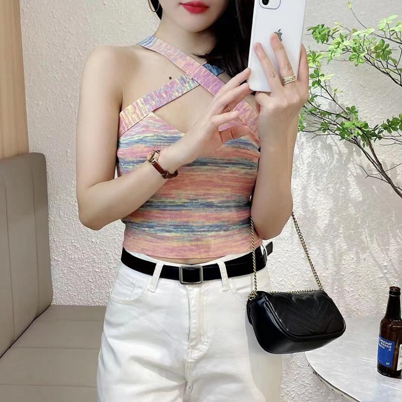 Летний новый дизайн чувственный Spice Girls Cross Halter радужная жилетка с высокой талией блузка