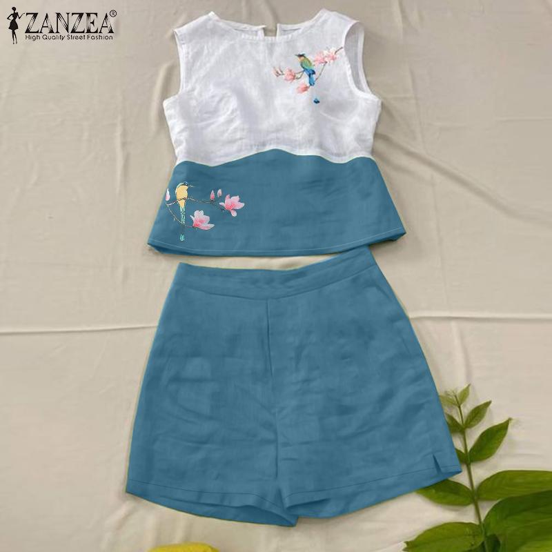 ZANZEA Женские принтованные майки и шорты, летние комплекты из двух частей