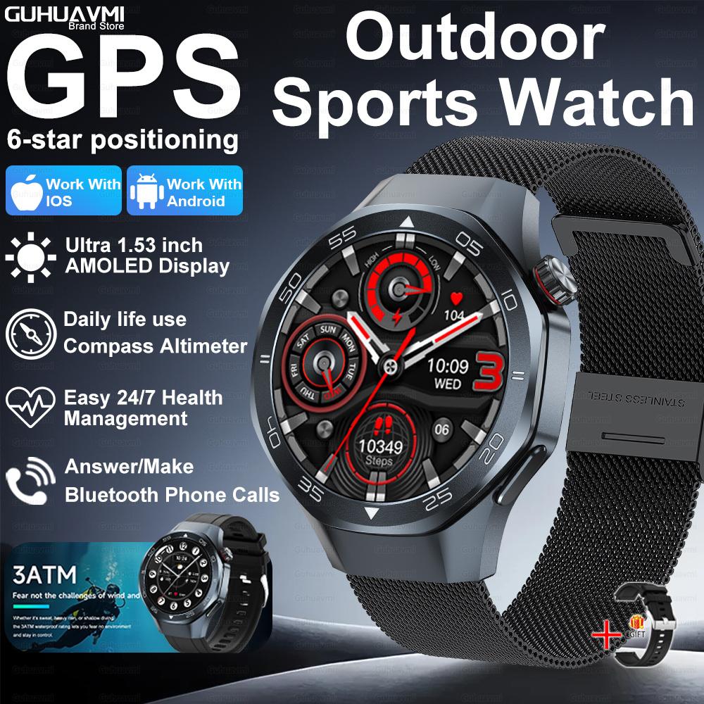 Новые умные часы с GPS-позиционированием для мужчин, 1,53-дюймовый AMOLED HD-экран, компас, датчик сердечного ритма, водонепроницаемость 3ATM, звонки, спортивные, деловые умные часы