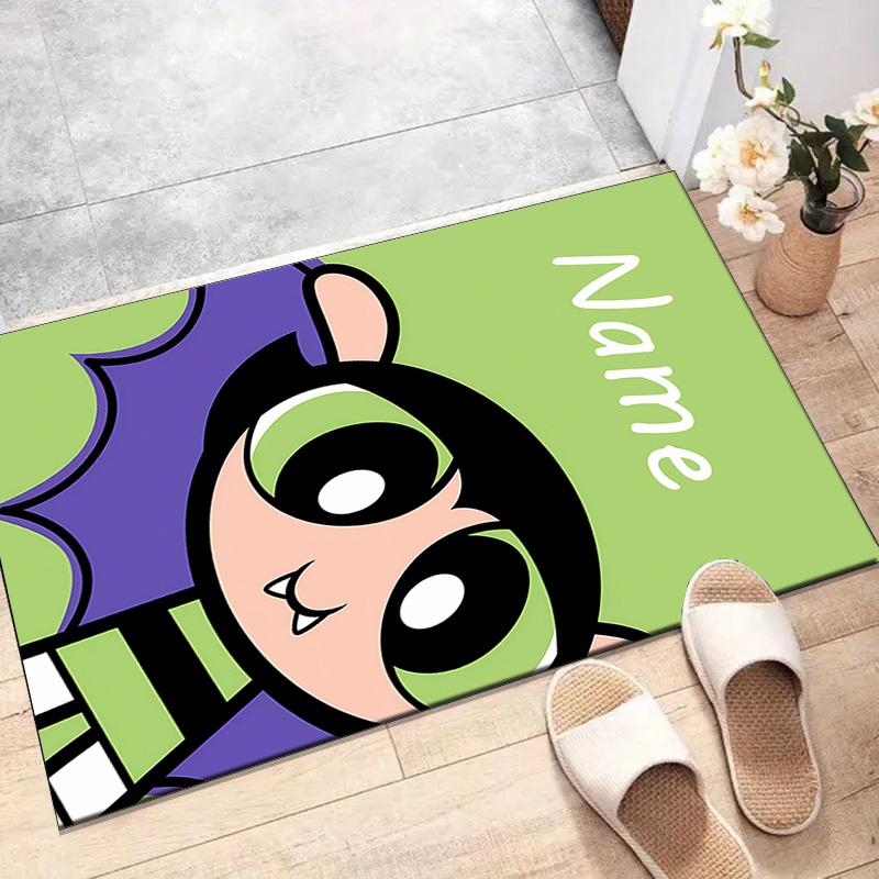 Custom The Powerpuff Girls Mat Personalized Name, Polyester Washable Indoor Entryway Rug, Gift for Christmas, Easter, Thanksgiving Day