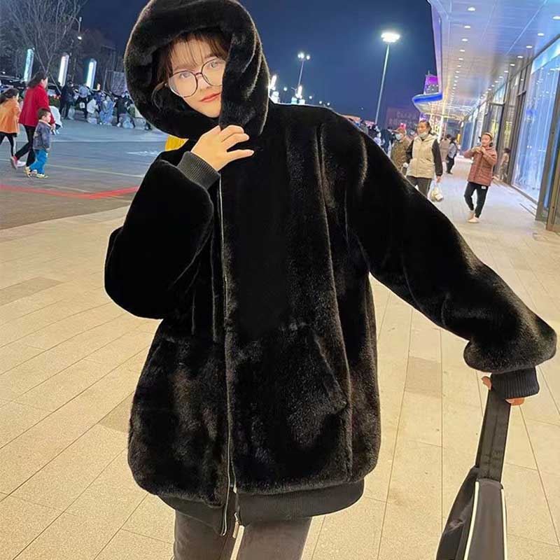 Korean Imitation Rex Rabbit Fur Coats Female Winter Warm Long Thickened Hooded Lamb Wool Cashmere Coat