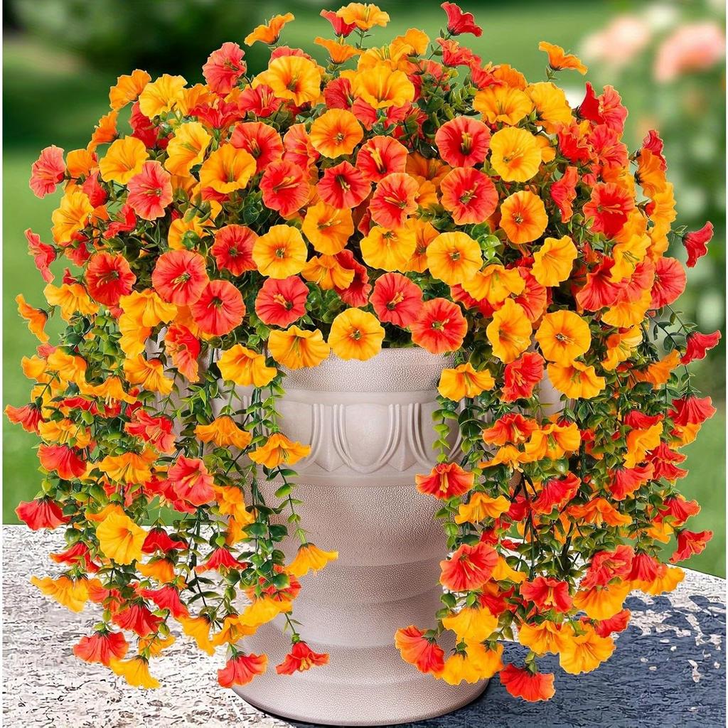 2 шт. Искусственные подвесные цветы петунии и эвкалипта - Погодоустойчивые яркие оранжевые цветы с зелеными листьями, Садовые украшения, Украшение патио