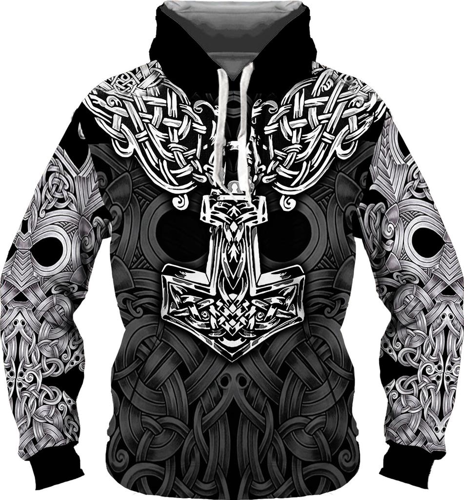 Весна Осень 3D Viking Tattoo Print Мужские толстовки с капюшоном Мужская толстовка с длинным рукавом Пуловеры Модные Harajuku Хип-хоп свободные топы